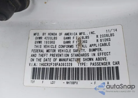 2015 Honda Accord Lx из США, поврежденный, VIN 1HGCR2F39FA060329